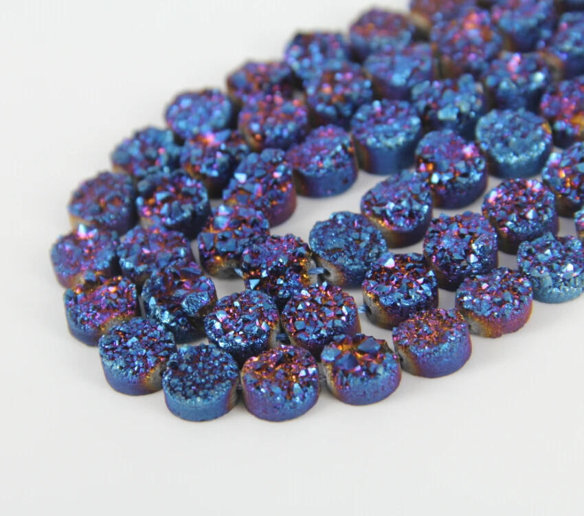 20pcs/str 10mm Natural Blue Purple Titanium Druzy Geode Flat Round Beads Pendants,Sparkly Drusy Raw Quartz Loose Beads Necklace