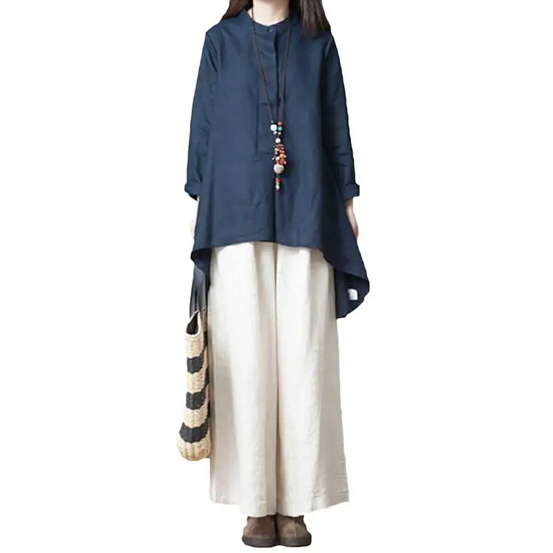 

Cotton Linen Spring Autumn Female 2 Pieces Set Women Long Sleeve Loose Tops And Elastic Waist Wide Leg Pants Casual Suits J163