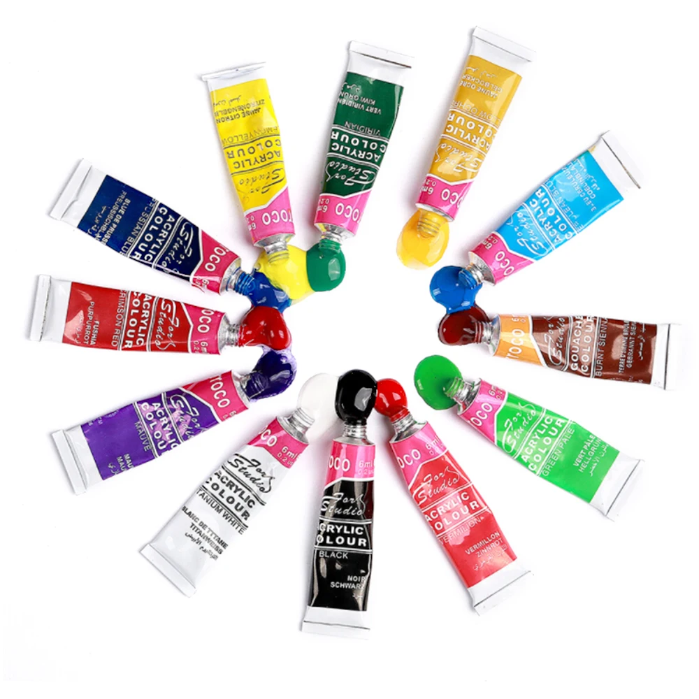 

12 Colors Acrylic Paints Set 6ml Tubes Draw Craft Painting Canvas Pigment Acrylic Paints
