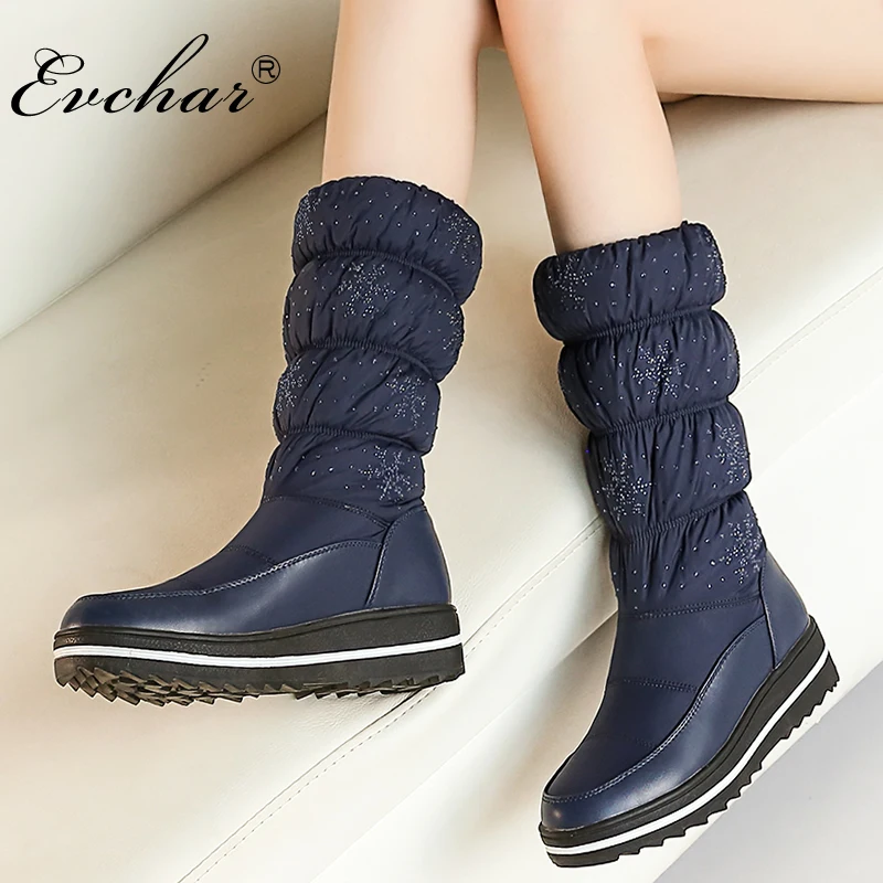 

EVCHAR new keep warm snow boots for women shoes mid-calf wedges winter elastic solid med heels platform shoes plus size 35-44