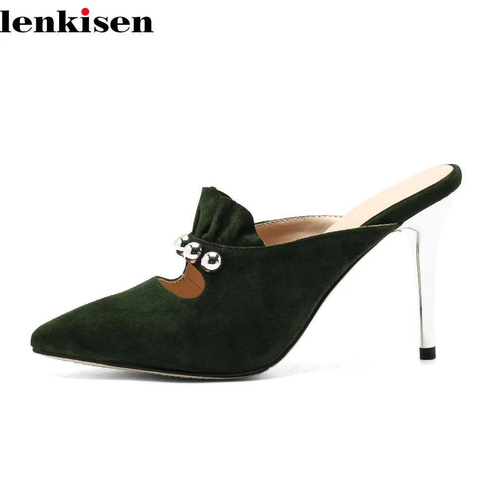 

Lenkisen 2018 big size summer new arrival kid suede pointed toe thin super high heels pearl wedding party fairy women pumps L33