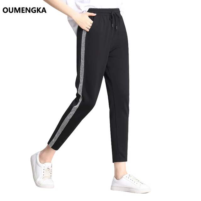 OUMENGKA Contrast Panel Sweatpants Women Casual Harem Pants Loose Elastic Trousers Women Black Striped Side Sweat Pants Female 1