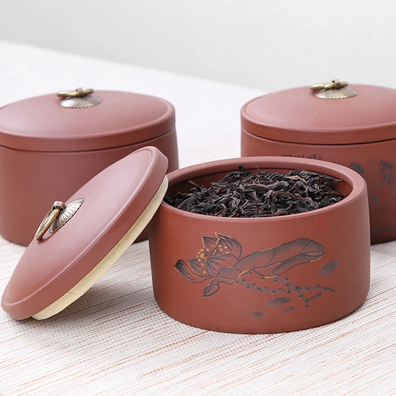 

Yixing Purple Clay Tea Storage Jar Hand Painted Vintage Seal Caddy Accessories Tea Canister Coffee Beans Caddies Cans Decoration