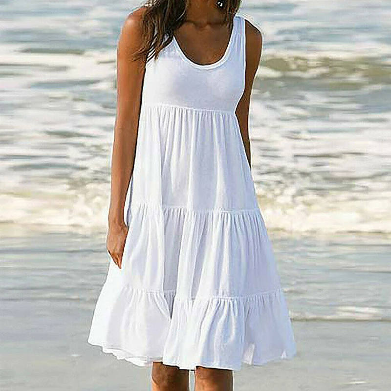 VIEUNSTA Платье женское праздничное летнее однотонное платье без рукавов для пляжной вечеринки сексуальное Плиссированное Повседневное платье с круглым вырезом для женщин 5XL Vestido