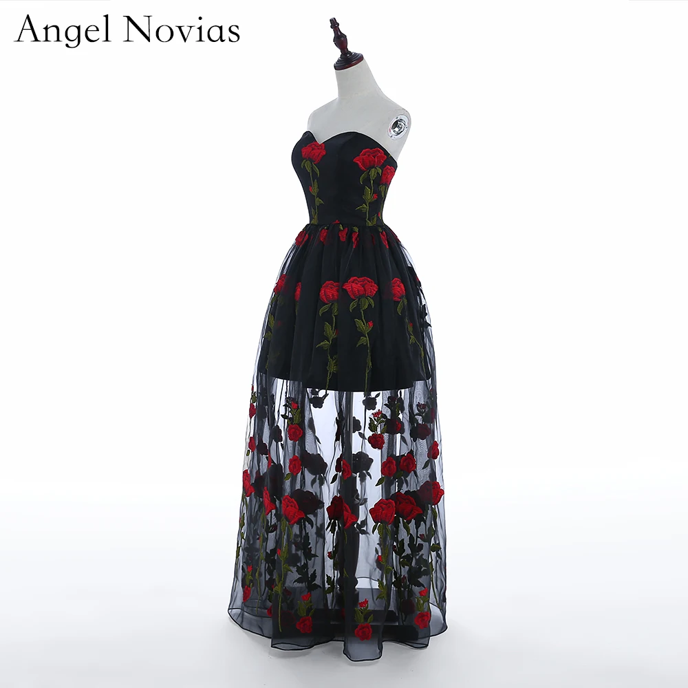 Длинное Элегантное женское вечернее платье черные вечерние платья Вышивка Роза кружево вечернее платье Ангел Novias
