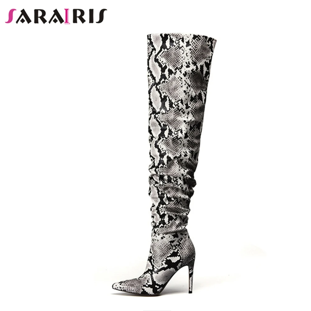 

SARAIRIS Slouch Thigh High Boot Snake Skin Over The Knee Boots Sexy Super High Thin Heel Pleated Pointed Toe Botte Femme Talon