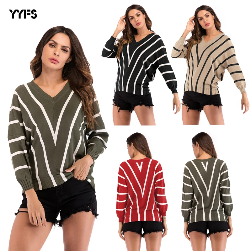 

New Autumn Winter Fashion Women Striped Sweaters V-Neck Knitted Casual Batwing Long Sleeve Solid Pollovers Ladies Jumper Mujer