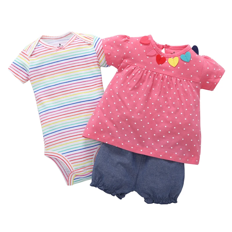 6-24M infantil baby girl clothes cotton short sleeve polka dot T-shirt&tee+romper stripe+shorts baby newborn 3PCS clothing set