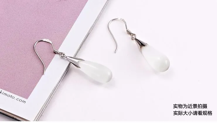 Изысканные Простые Модные 925 пробы серебряные ювелирные изделия опал лунный камень капли воды серьги brincos для женщин S-E110