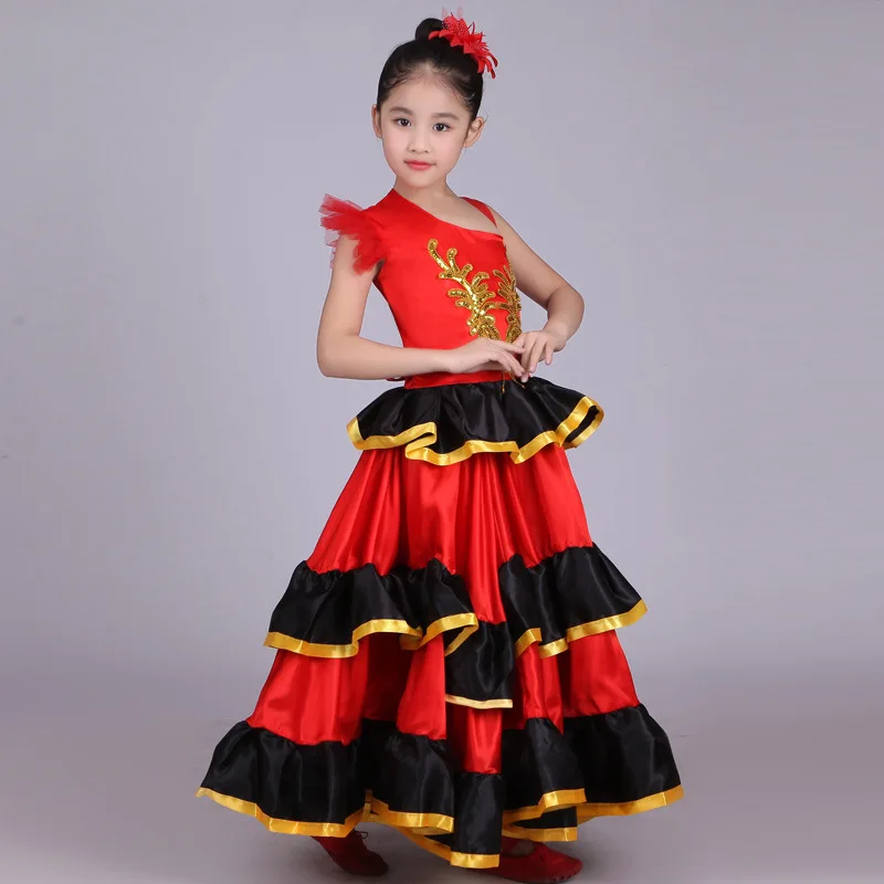 Атласная Мягкая красная черная испанское фламенко-юбка для девочек-подростков Полосатое блестящее платье для Бальных и сценических танцев