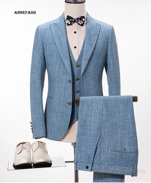 Custom made Men Light Blue linen fabric Casual Suit Slim