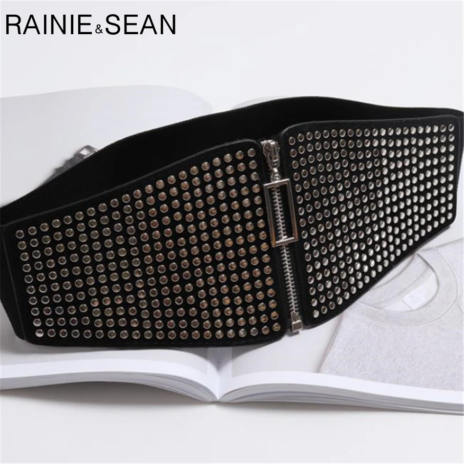 RAINIE SEAN 벨트 Cummerbunds 여성용 펑크 탄성 리벳 엑스트라 와이드 숙녀 벨트 허리 벨트 블랙 가죽 코르셋