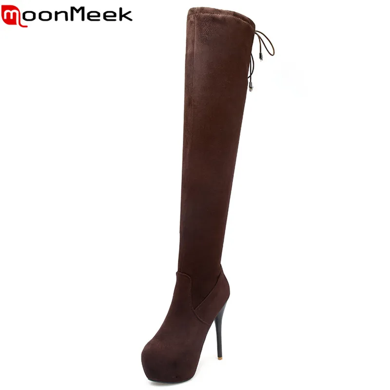 

Sexy thin high heels platform boots for spring autumn high quality solid nubuck leather round toe over the knee high boots