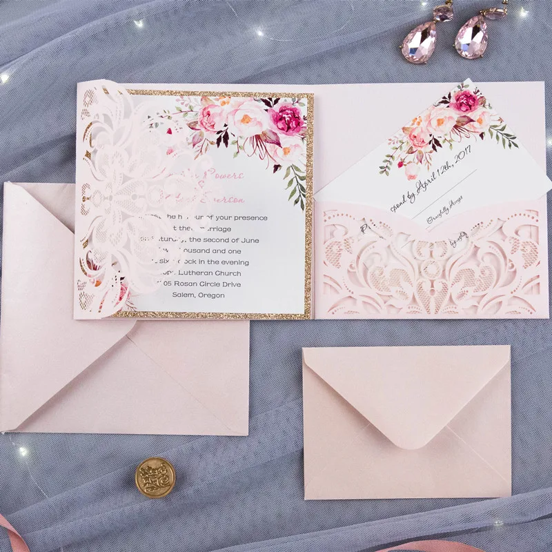 90pcs Light Pink Wedding Invitations Card Pearl Paper Laser