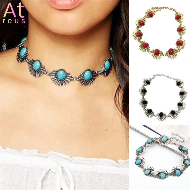

Shell Style Gothic Retro Carved FLower Choker Necklace Women Bohemian Summer Jewelry Blue Stone Antique Silver/Bronze Color