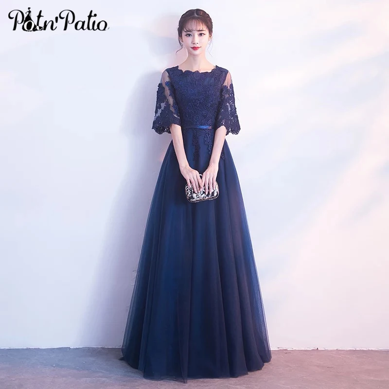 

Navy Blue Long Tulle Evening Dress with Half-sleeve Elegant Lace Applique A-Line Evening Party Dress Plus Size Formal Gowns New