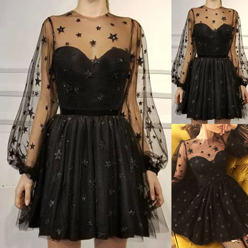 

Women Vintage Dress Layered Mesh Mini Dress A line Evening Prom Ball Patchwork Dress Black