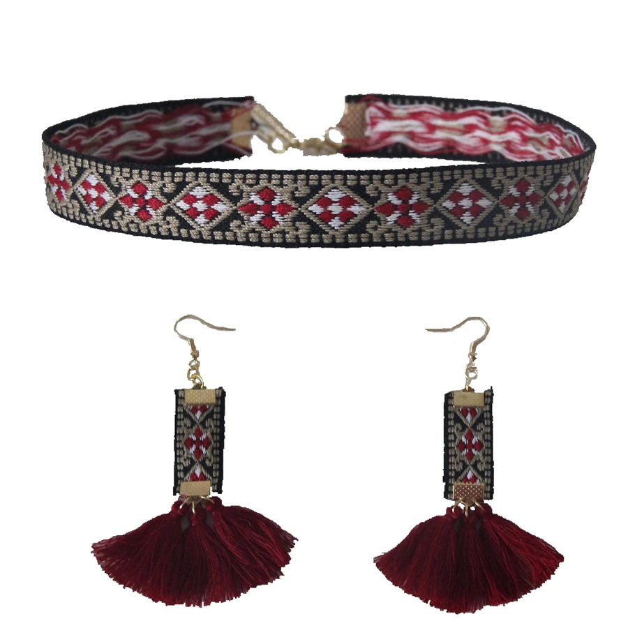 

CirGen 2018 Ethnic Choker Jewelry Sets Fashion Women Drop Tassel Pendant Earrings Necklace Collier bijoux Jewelry Sets,E69