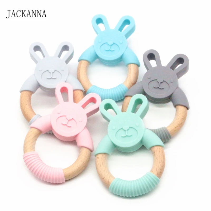 

10PCS Rabbit Silicone Teethers Chewable Wooden Ring Bunny Baby Teether Toys Rattle Nursing Baby Shower Gift BPA Free