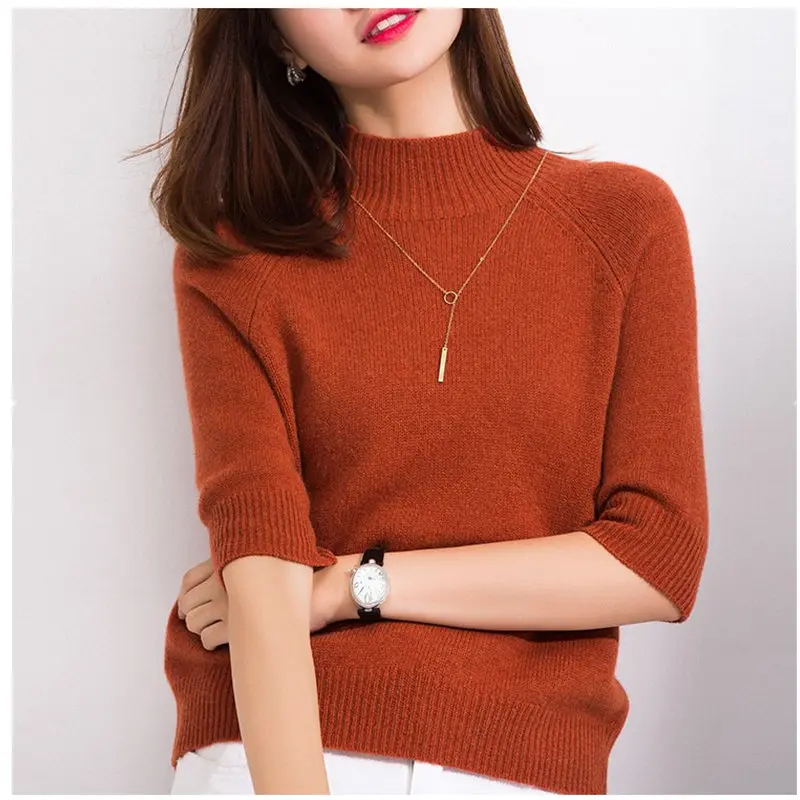 

High-neck Women's Cashmere Blend Sweater Five-point Sleeve Loose Spring Autumn Sweaters In The Sleeves Leisure Female Pullover