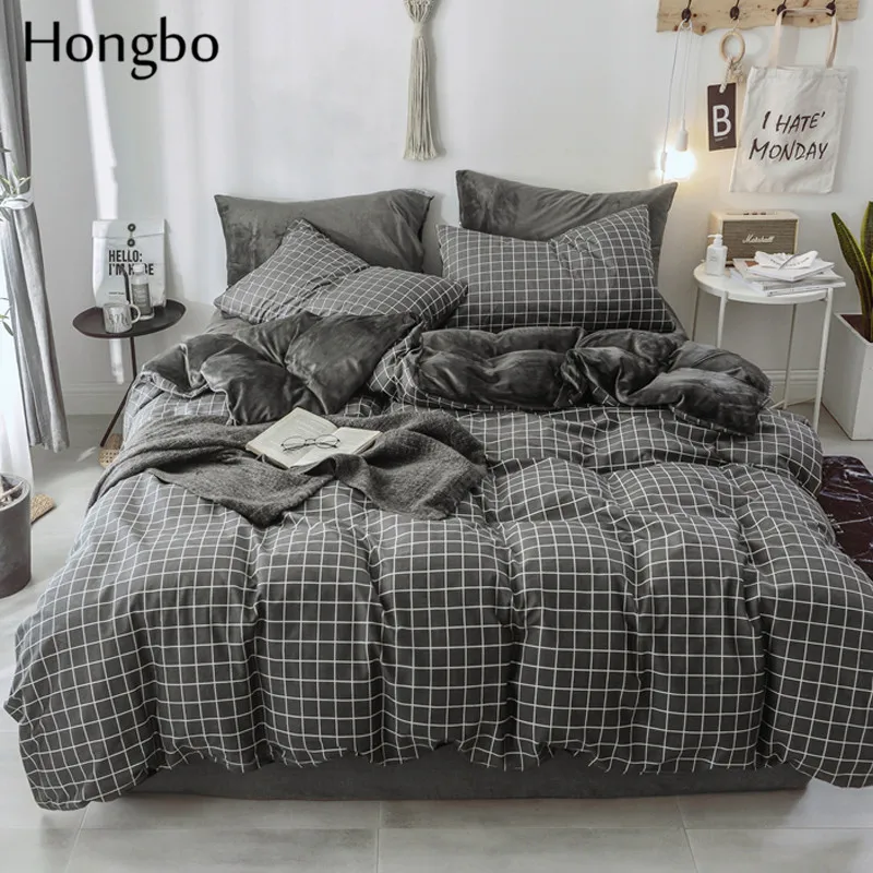 Hongbo Crystal Flannel Black White Lattice Bedding Set Winter Warm