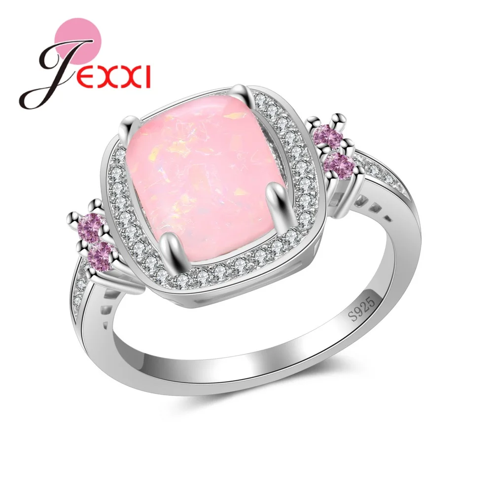 

Fast Shipping Fashion Women Female Pink Opal Stone With Crystal Rings Real 925 Sterling Silver Wedding Band Anillos