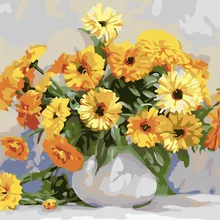 Желтый Хризантема в бутылке DIY живопись по номерам цвет пигмент кисть ручная роспись Творческий цифровой масляной живописи