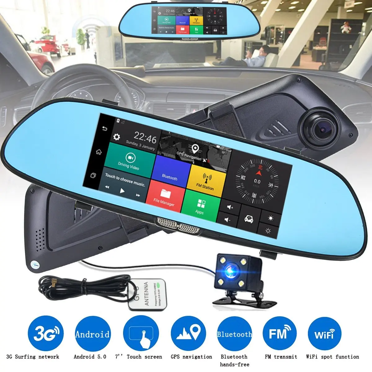 

GPS 7Inch T ouch Screen 1080P HD Bluetooth Car Dash Cam Dual Lens Android 5.0 Wifi Driving DVR 140 Degree Wide Angle Rear View