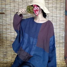 Женские льняные блузки в стиле пэчворк, большие размеры, Женская винтажная льняная футболка большого размера, женские свободные топы, осень