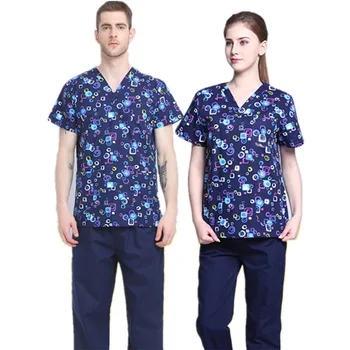 

Unisex Nursing Uniform Print Scrub Set Suit Medical Clothes Hospital Clothing Top and Pant Drawstring V Neck Stylish Work Wear