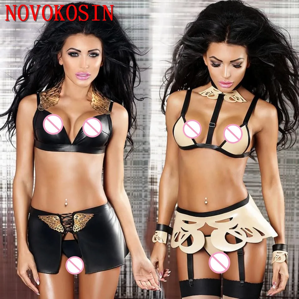 

YQ103 2018 New Fashion PU Sexy DS Costume Three Point Night Club Exotic Costume Halter Bikini Faux Leather Bra With G String Set