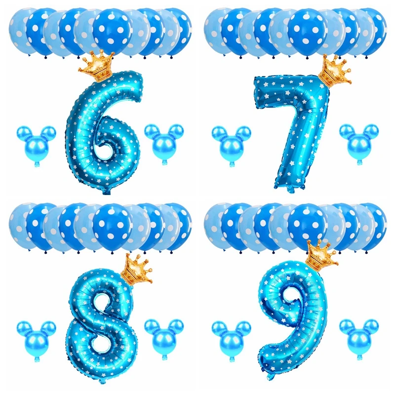 

14PCS Blue Boy Birthday Balloons Mickey Mouse party decorations Number 1 2 3 year baby shower helium Dot latex balloon Kids toy