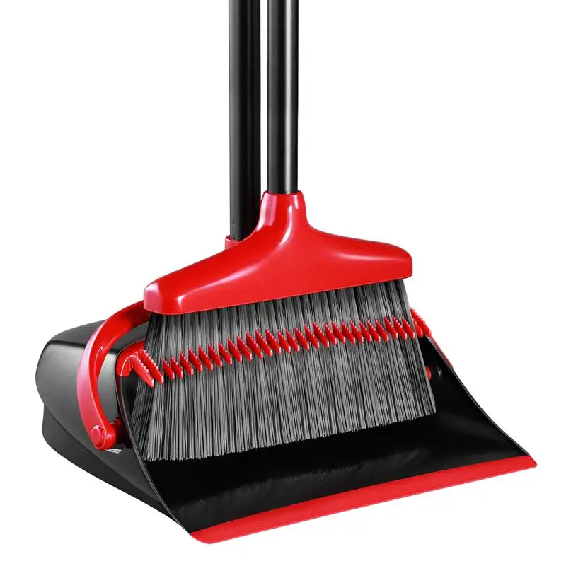 

HOMEMAXS Broom And Dustpan Set Upright Standing Dust Pan With Extendable Broomstick For Home Kitchen Office (Dark Grey And Red)