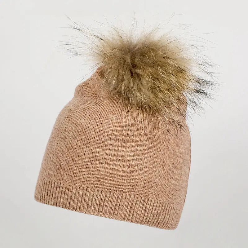 Pudi женская зимняя теплая вязаная шапка, кепка, бини мяч из натурального меха енота hk702 - Цвет: sand 702