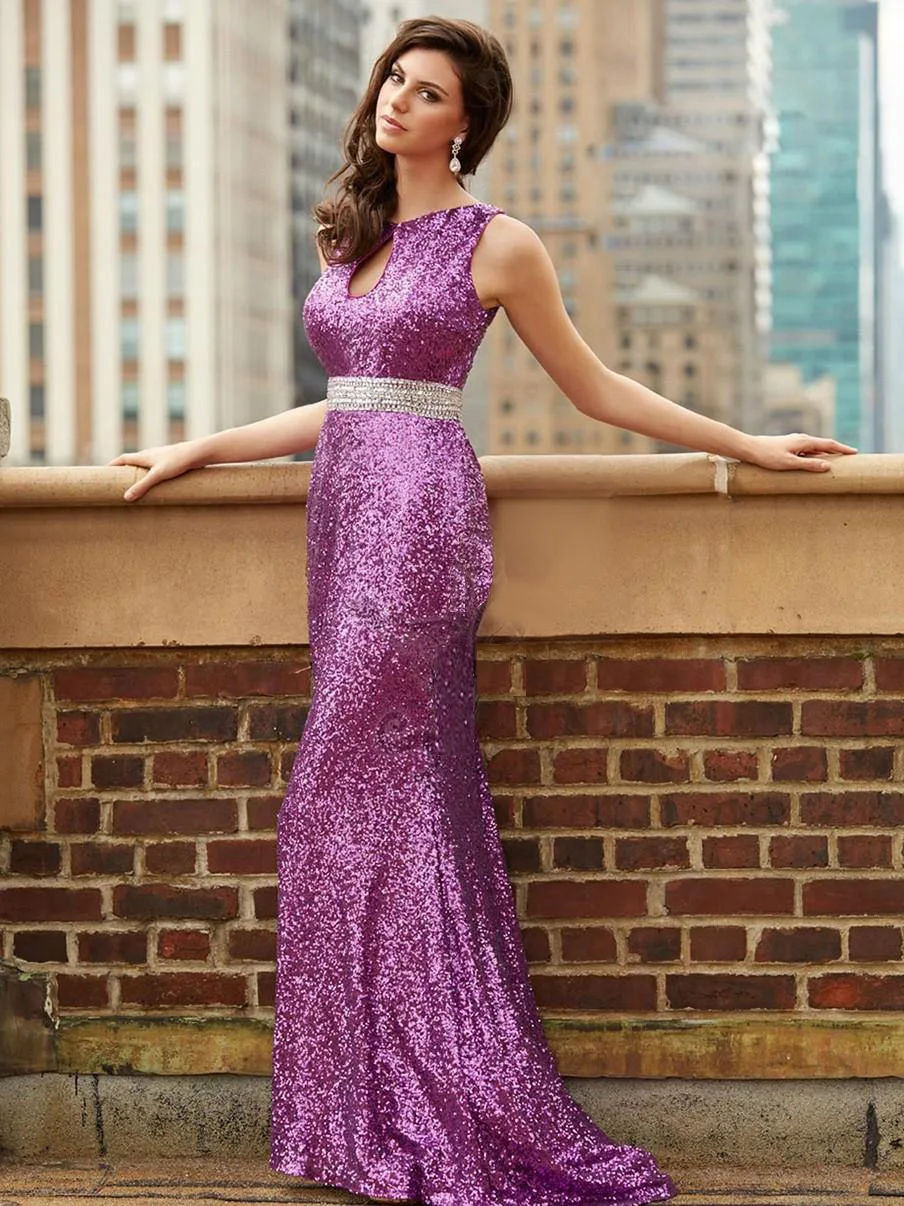 Purple Sequin Open Back Prom Dresses