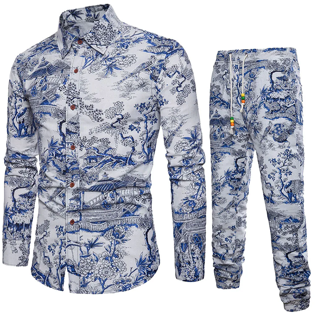 

Men's Set Shirt with Pants 2019 Spring Summer Casual Shirt Suits Slim Fitness Long Sleeve Linen Cotton Chemise Homme Feb6