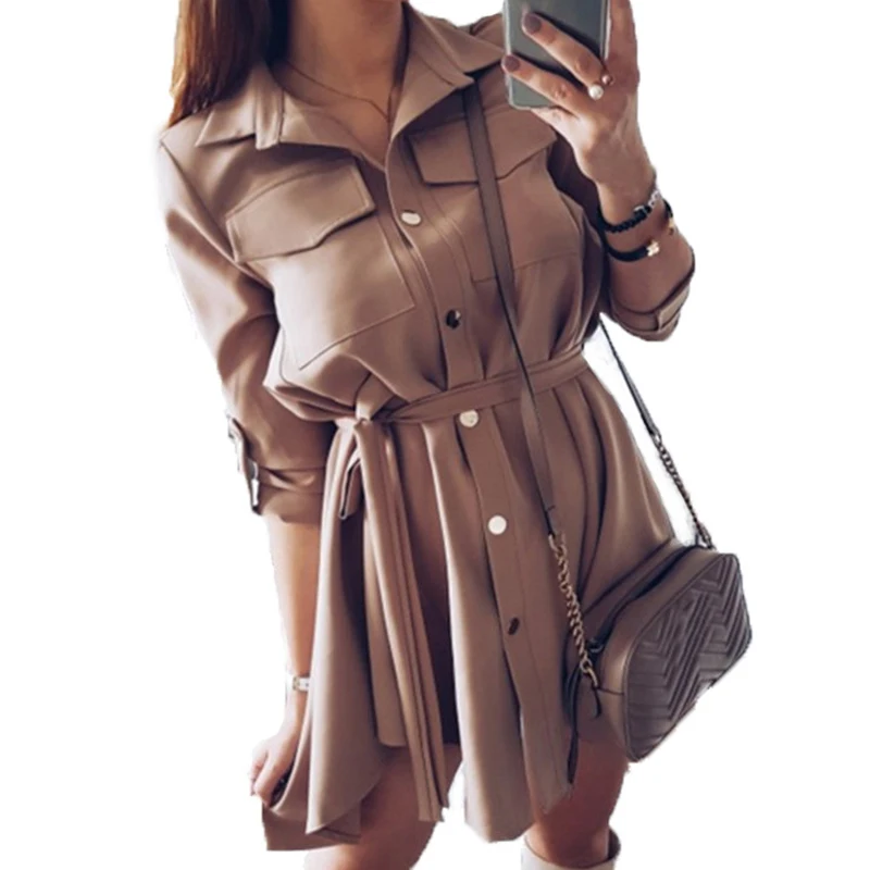 

Sashes Shirts Girl Leisure Autumn Shirts Dresses Women Solid Spring Femme Casual Turn-down Collar Mini Shirt Dress GV118