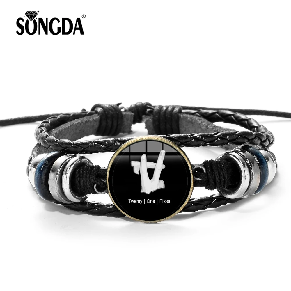 

SONGDA Punk Rock Twenty One Pilots Men Leather Bracelet Wide Black Color Wristband Bracelet for Music Band Fans Club Souvenirs