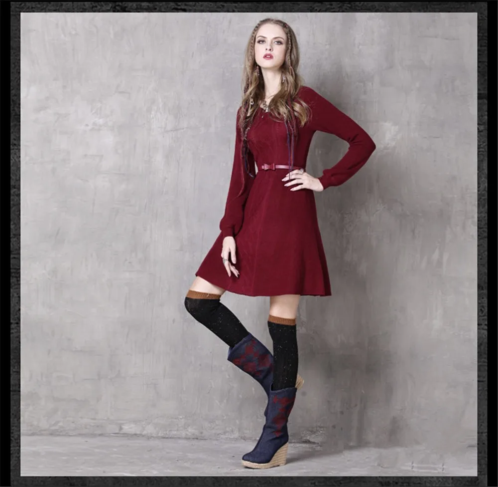 Vintage Elegant Women Winter Dress Tunic Cotton&Wool O-neck Dress Warm Dresses Solid Vestidos Femininos Vintage Skinny Dresses (9)