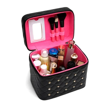 

Portable Black Women Cosmetic Bag Diamond Make Up Bag Professional large capacity Cosmetic Trunk Case Trousse Maquillage Femme