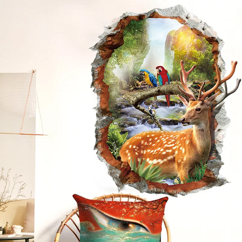 Sika Deer 3D настенные наклейки натуральный пейзаж декоративные наклейки для дома поддельные окна пейзаж обои домашние украшения с животными