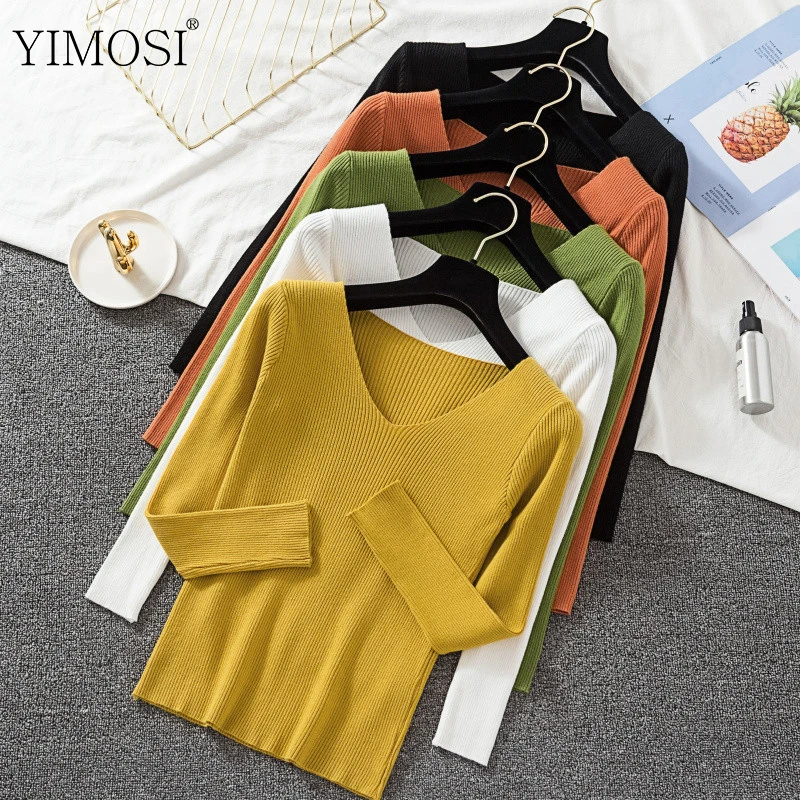 

2019 Autumn Winter Women Knitted Sweaters Casual Long Sleeve V-Neck Pullovers Korean Female Highly Elastic Solid Basic Jumper
