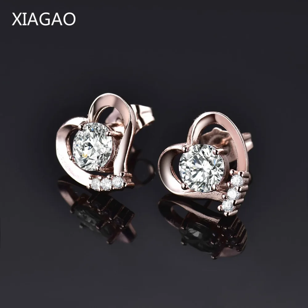 

XIAGAO Fashion Love Heart Stud Earing for Women Rose Gold Color Earring White Crystal Cubic Zirconia Wedding Jewelry E035