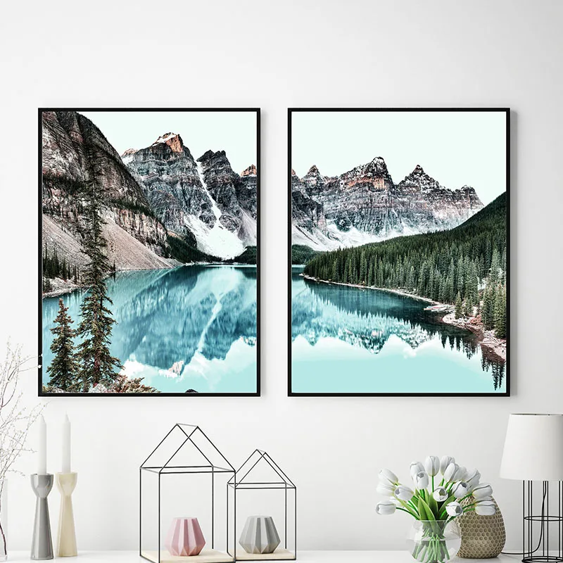 Minimalis Nordic Lanskap Kanvas Poster Mountain Lake Dinding Seni