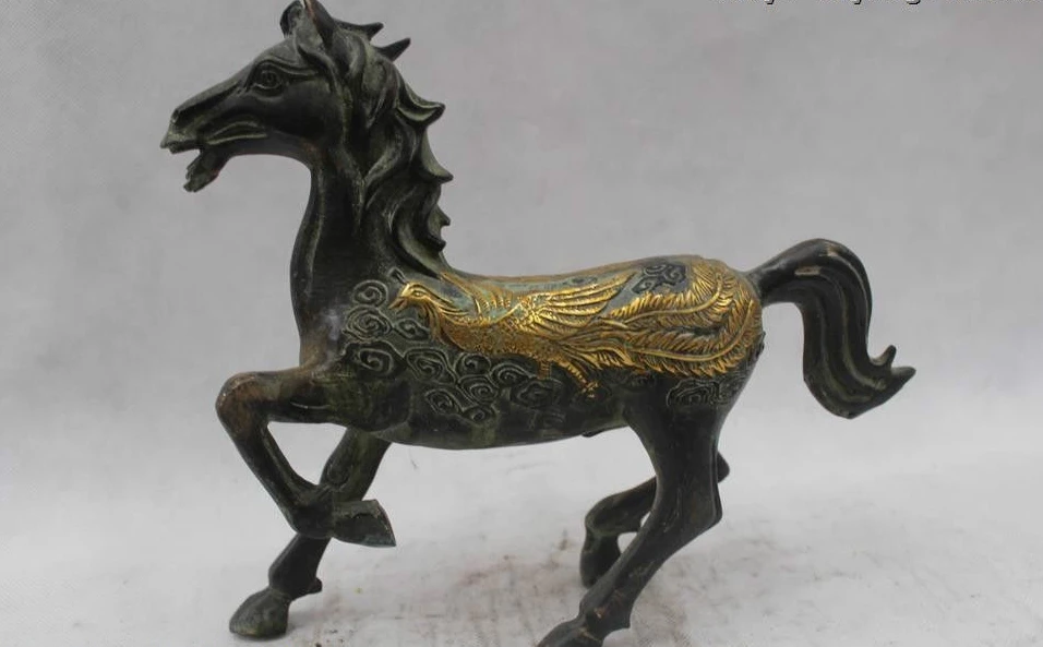 

9"Chinese Folk Pure Bronze excellent beautiful Dragon phoenix Horse Statue