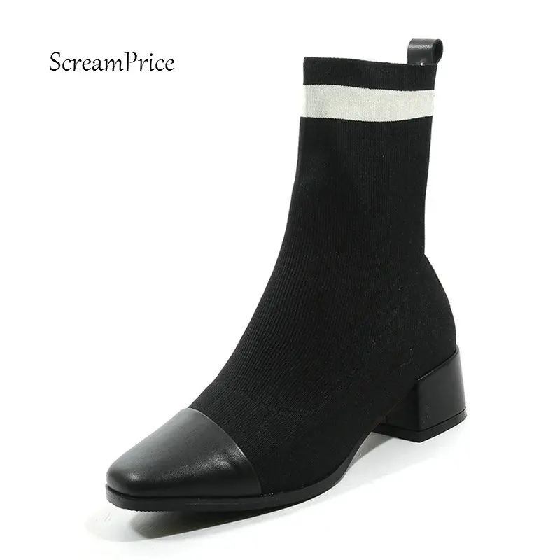 

Ladies Genuine Leather Comfort Low Heel Knitting Ankle Boots Fashion Square Toe Slip On Fall Winter Bootis Black Red