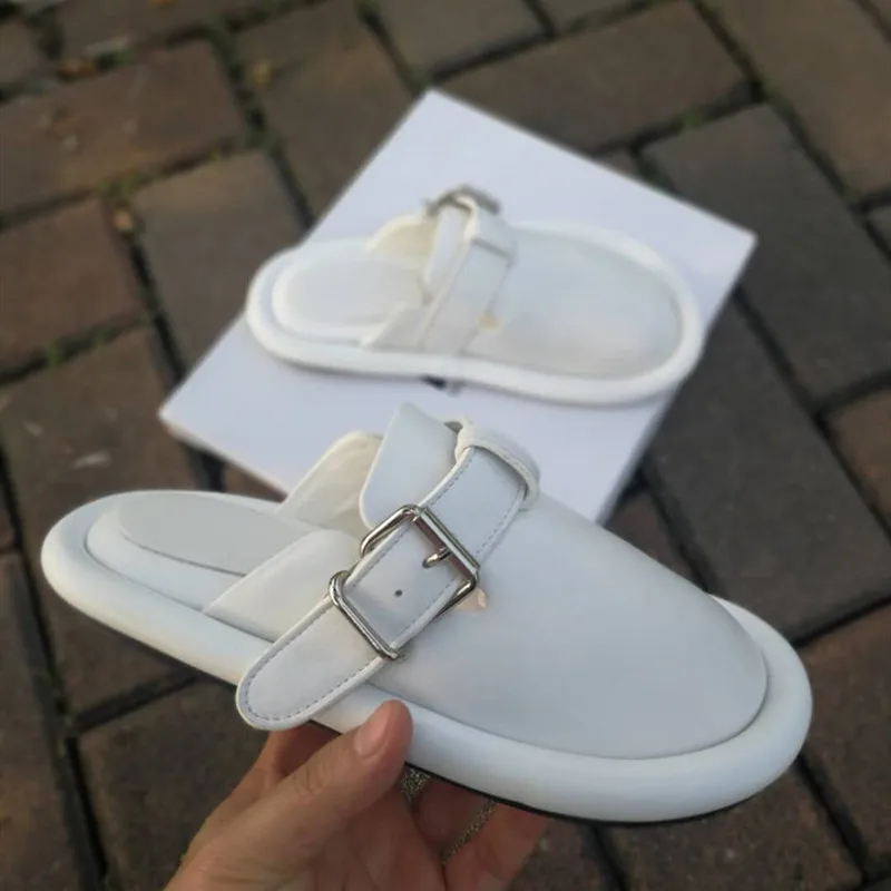 Knsvvli/белые Тапочки из натуральной кожи; женская повседневная обувь с круглым носком и металлической пряжкой; модные удобные шлепанцы на плоской подошве; женская обувь