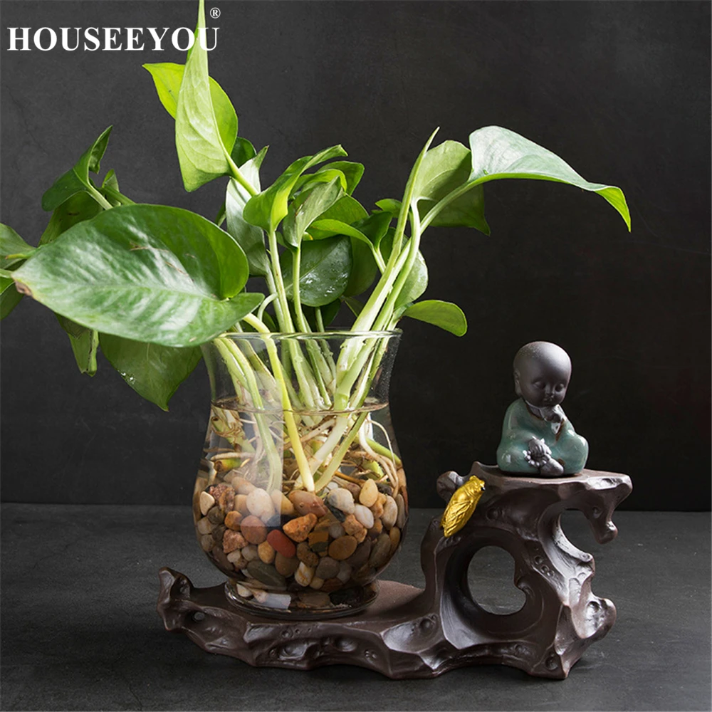 Creative Purple Sand Glass Hydroponic Flower Pot Vases Green Planter Tray Succulents Plants Desktop Monk Buddha Zen Decorations