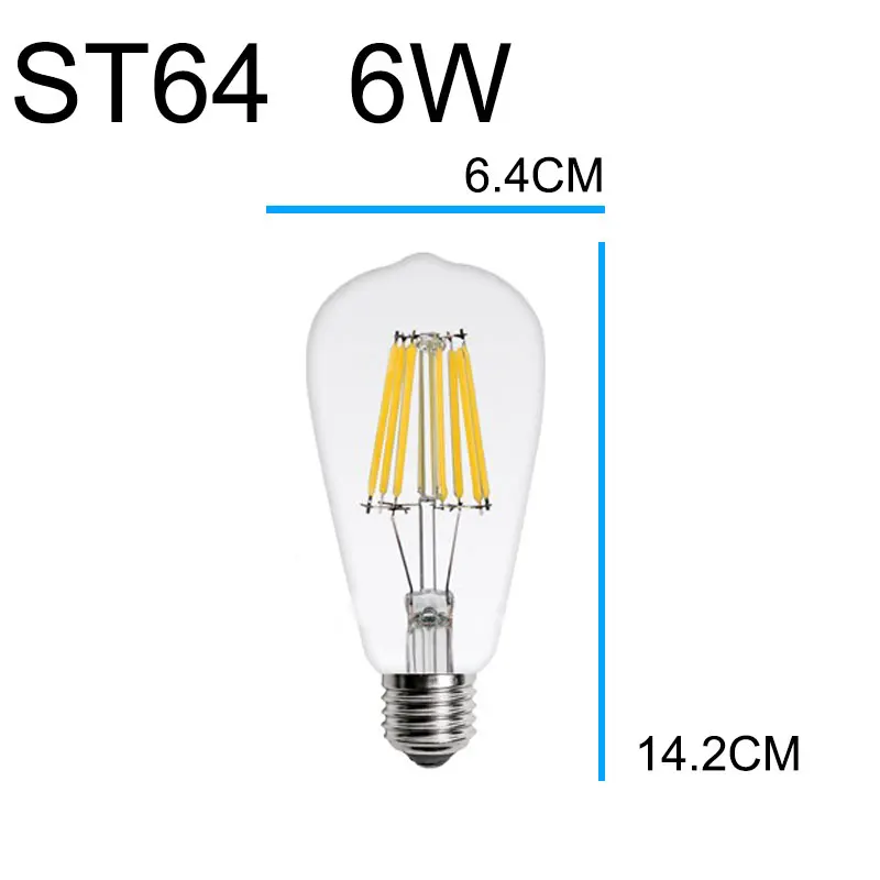 Ретро антикварная Светодиодная лампа E14 E27 ампула винтажный светодиодный светильник Эдисона с нитью накаливания лампада 220 В светодиодная Энергосберегающая лампа светильник в форме свечи s лампа - Испускаемый цвет: ST64 E27 6W