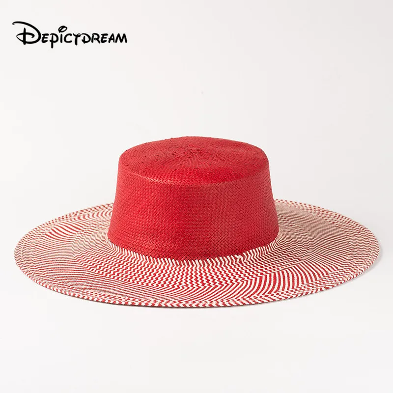 

New Women Summer Hat Beach Straw Hat Coloring stripe Papyrus Flat roof Ladies Cap Fashionable Handmade Sun Hats for Girl